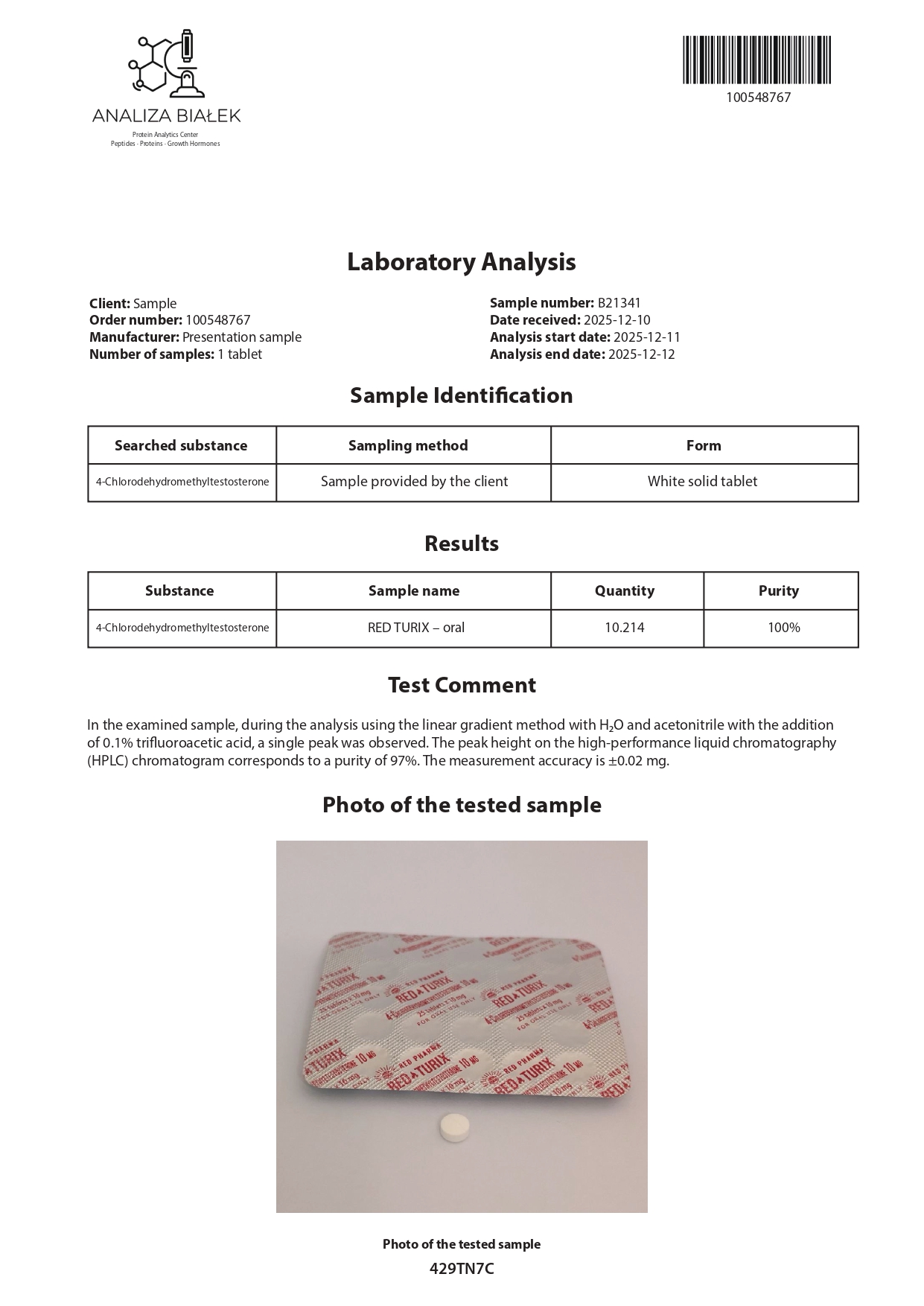 RED TURIX (4-Chlorodehydromethyltestosterone) – 100 compresse х 10 mg. - immagine 4