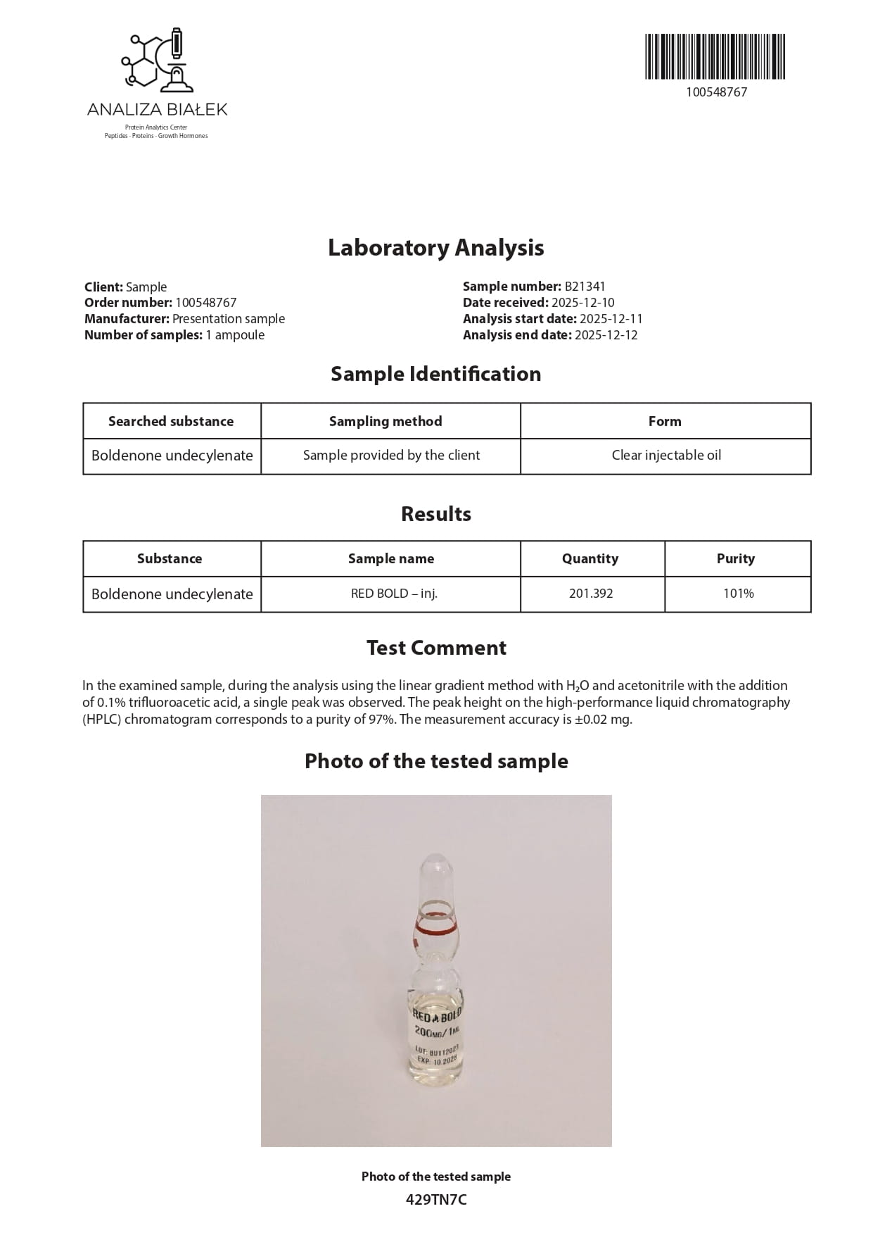 RED BOLD 250 (Boldenone Undecylenate) - 10 fiale х 250 mg. - immagine 4
