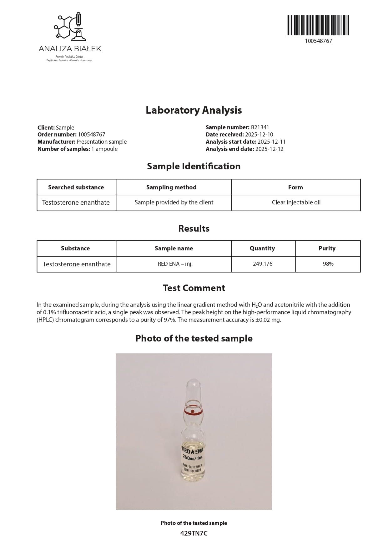 RED ENA 250 (Testosterone Enanthate) - 10 fiale x 250 mg. - immagine 4