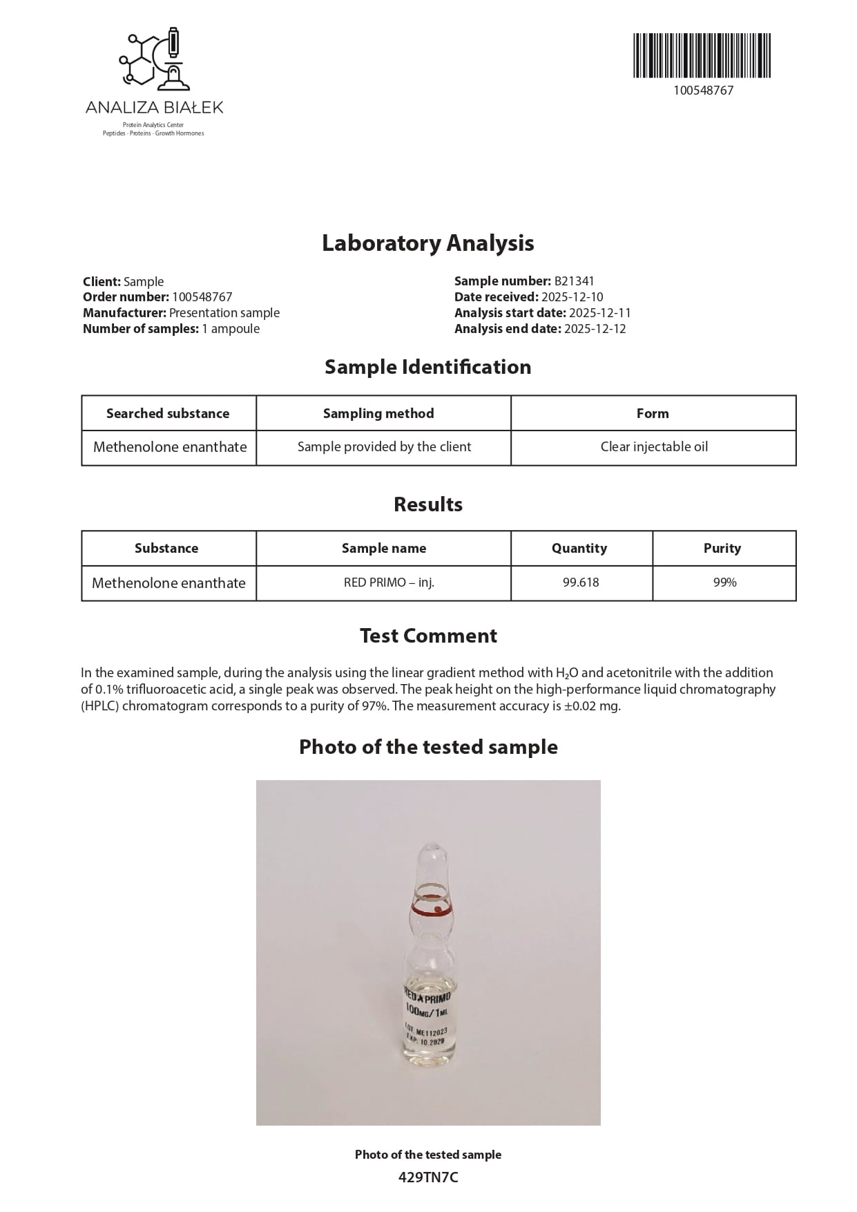 RED PRIMO 100 (Methenolone Enanthate) - 10 fiale х 100 mg. - immagine 4