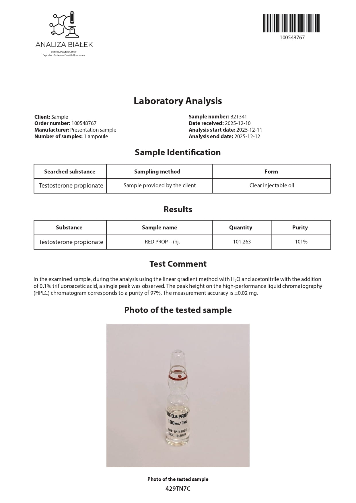 RED PROP 100 (Testosterone Propionate) - 10 fiale x 100 mg. - immagine 4