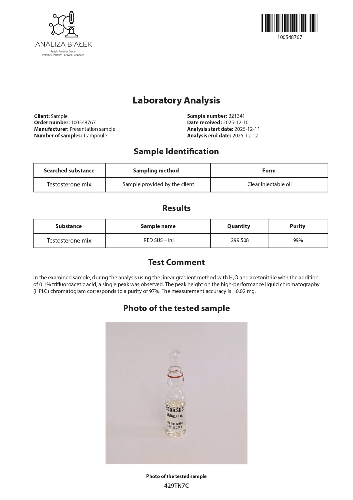 RED SUS 250 (Testosterone Blend) - 10 fiale х 250 mg. - immagine 4